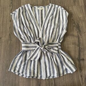 Max Studio Blue and White Striped Wrap Blouse belt bow v cut